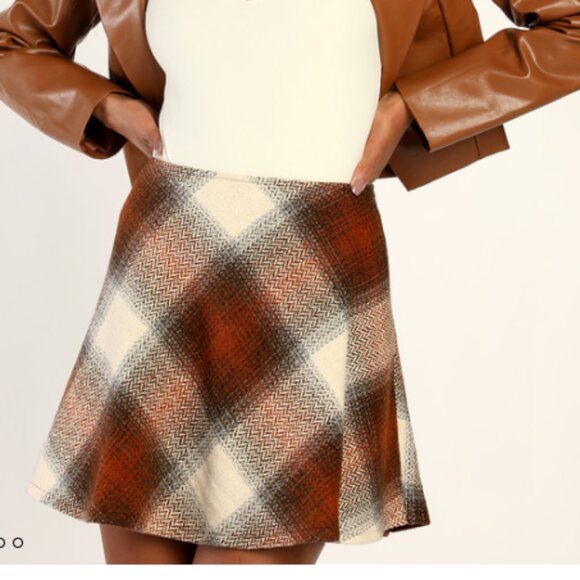 Plaid You Asked Ivory and Brown Plaid Skater Mini Skirt Lulus - Picture 1 of 4